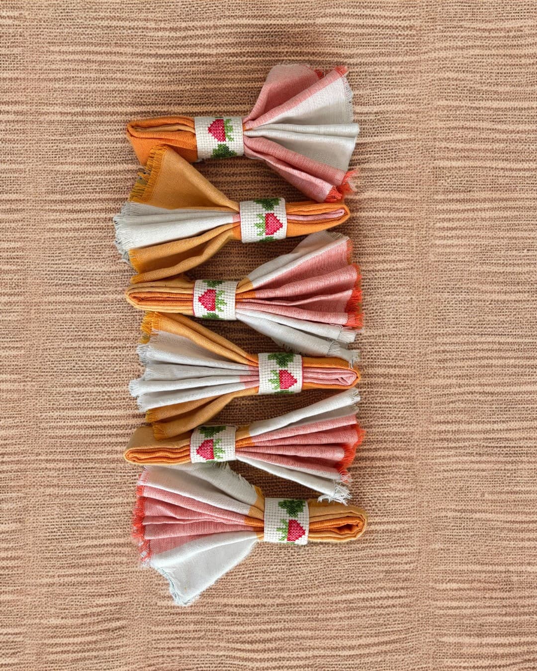 6 Napkin Rings with Napkins - Cross-stitch Strawberry Design