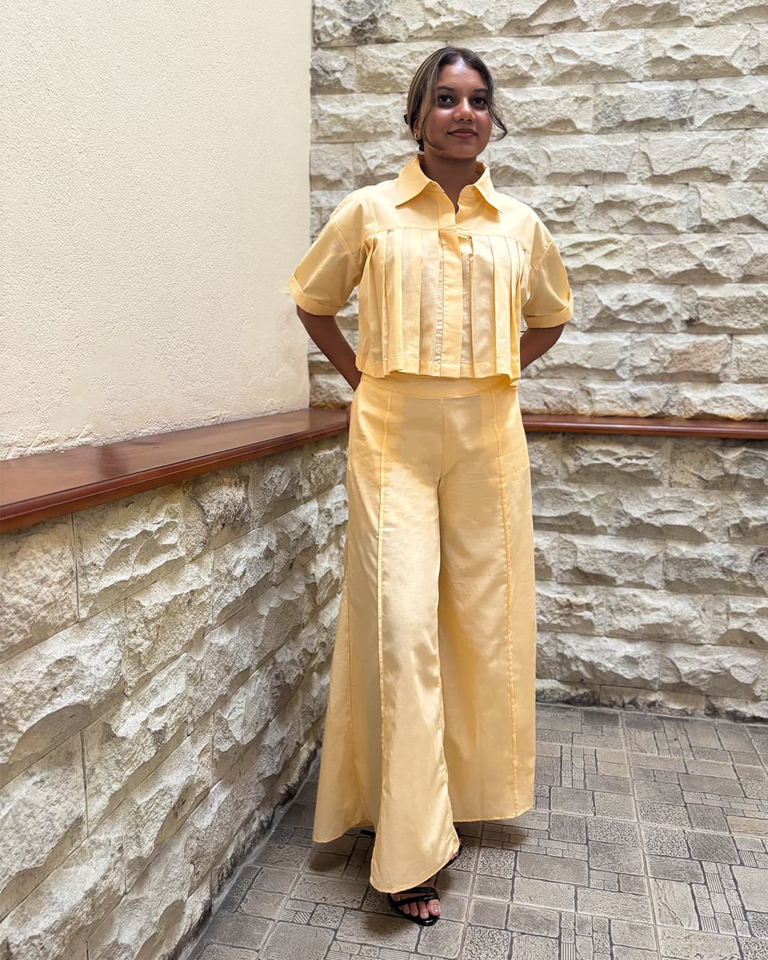 Anithya Twisted Whisper Bold &amp; Breezy Womens cropped Shirt And Trousers Peachy Peach Set