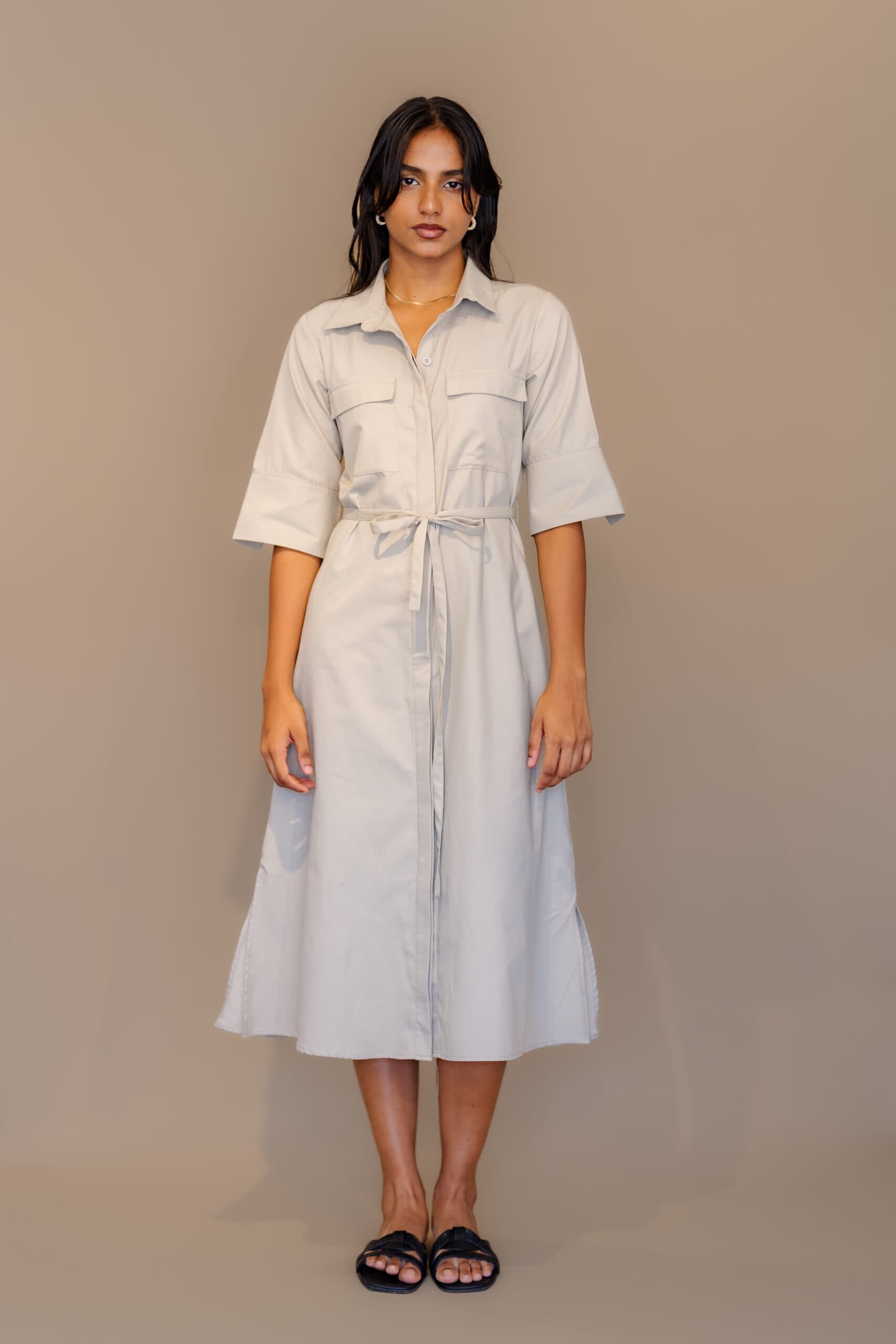 Avanta Pocket Detailed Button Down Light Grey Dress AV0015