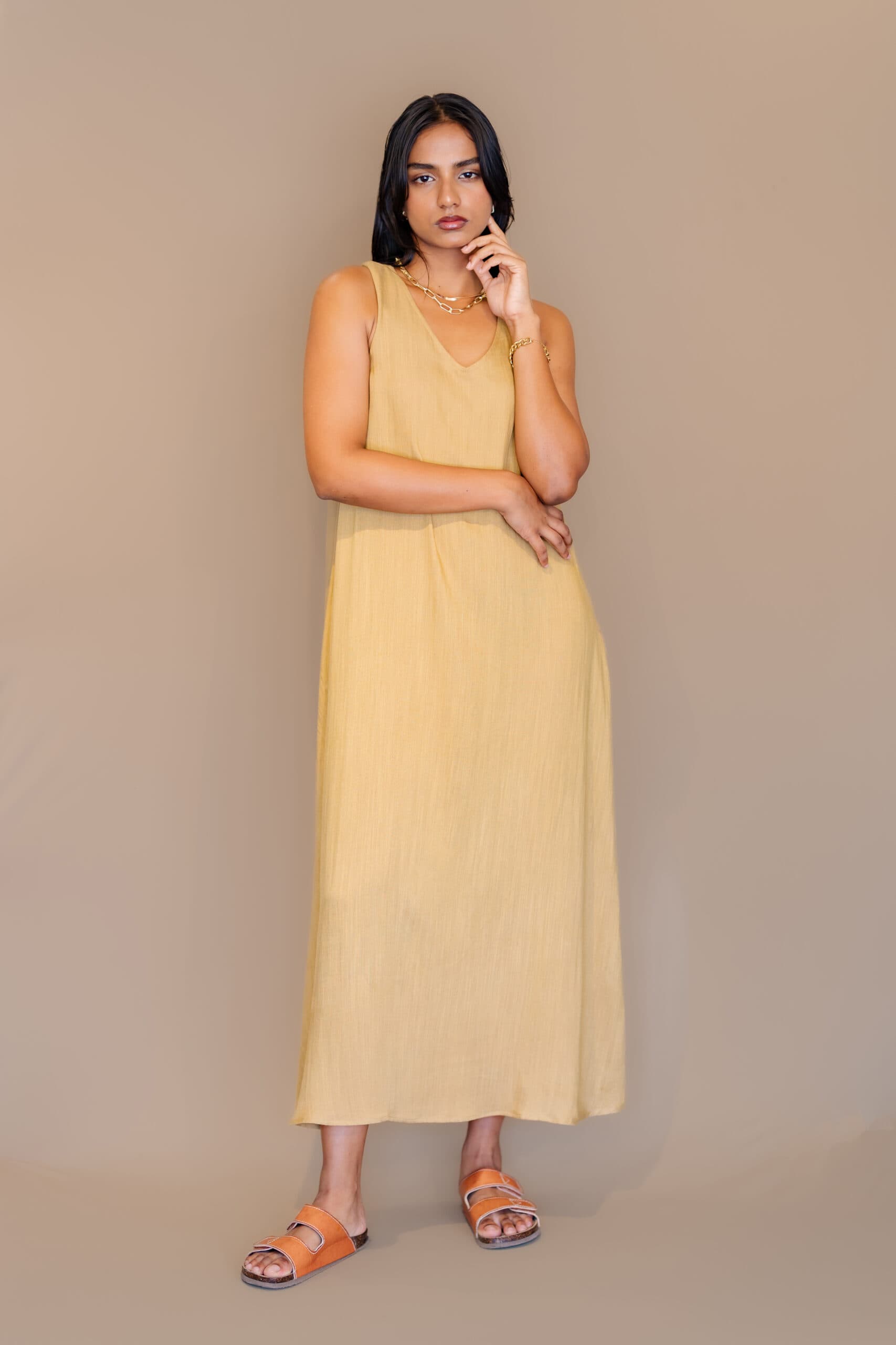 Avanta Vneck Zero Sleeve Linen Blend Dusky Yellow Dress AV0016