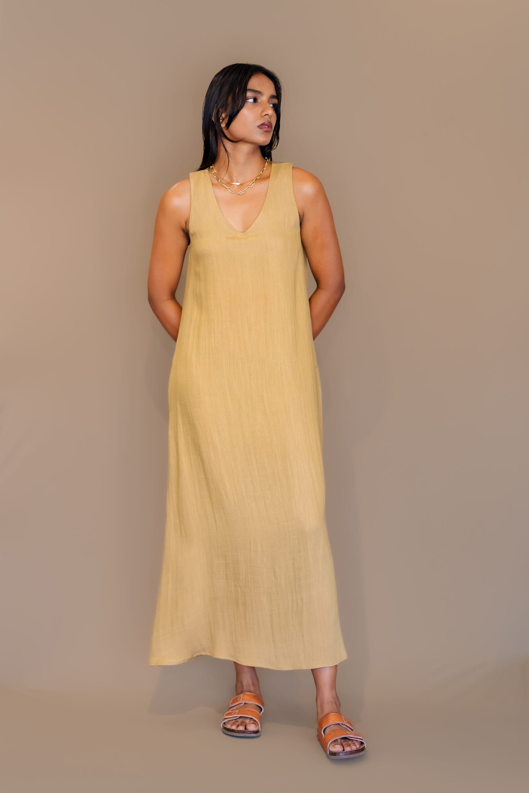 Avanta Vneck Zero Sleeve Linen Blend Dusky Yellow Dress AV0016