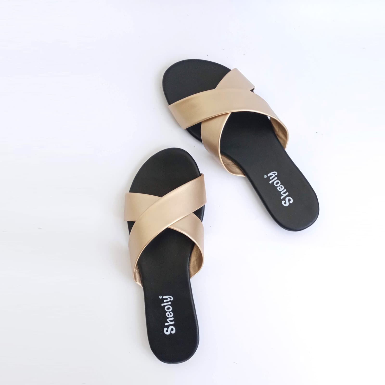 Sheoly Dull-gold and Black color cross Flat Sandals