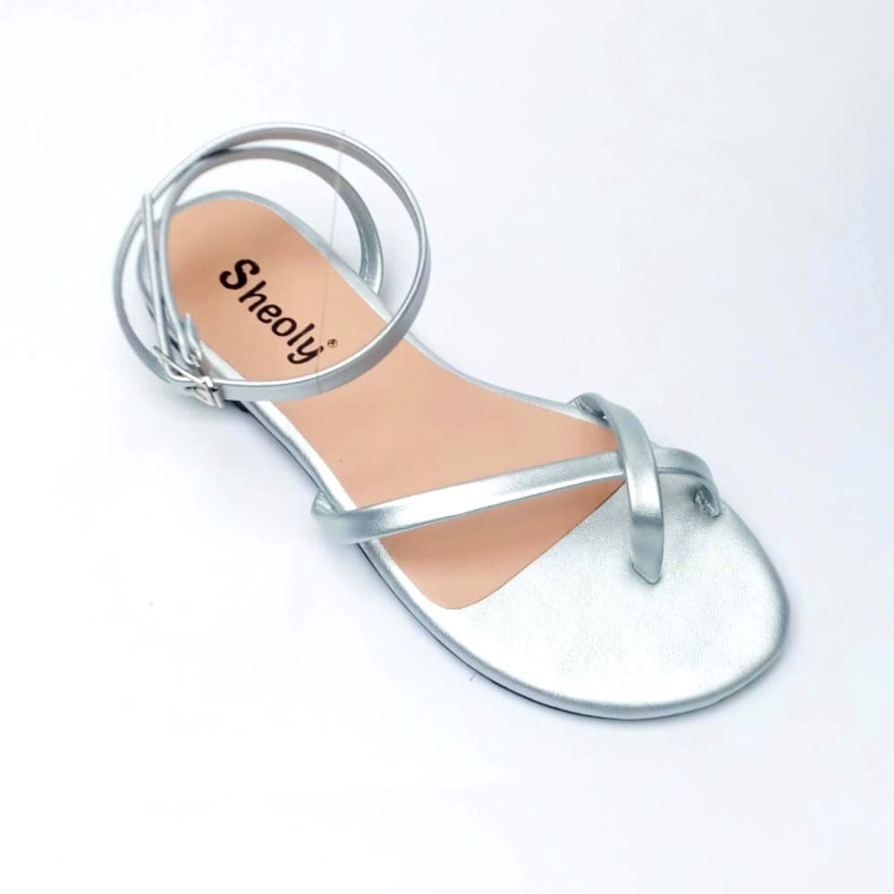 Sheoly Women’s Metallic Silver Strappy Flat Sandals with Ankle Buckle