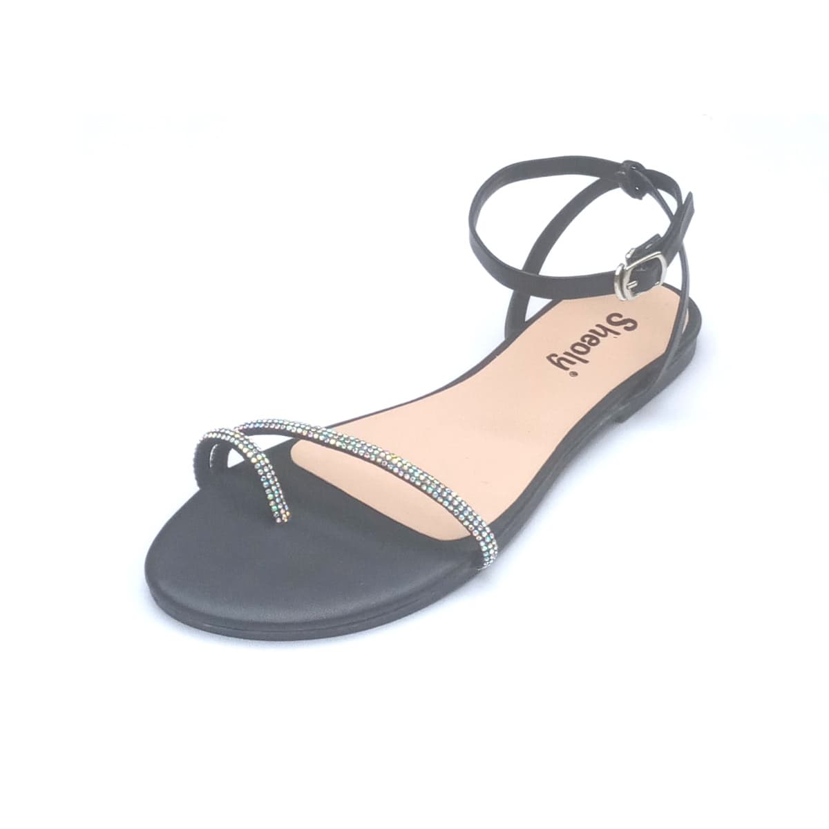 Sheoly Black Rhinestone Sandals with Ankle Strap (SH2040)