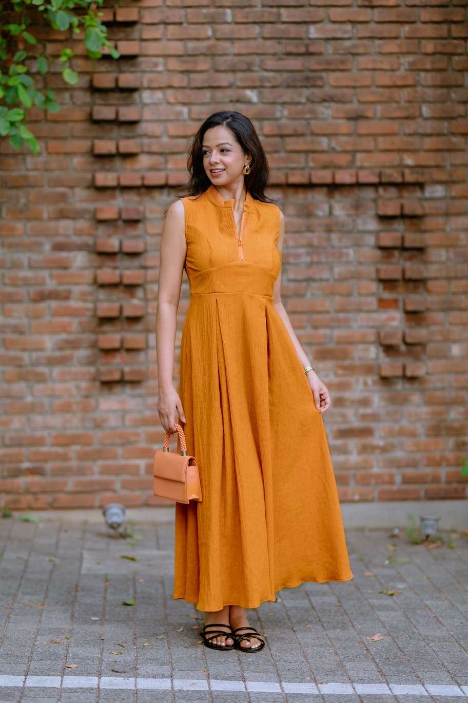 AVANTA Burnt Orange Textured Fit & Flare Midi Dress AV0018
