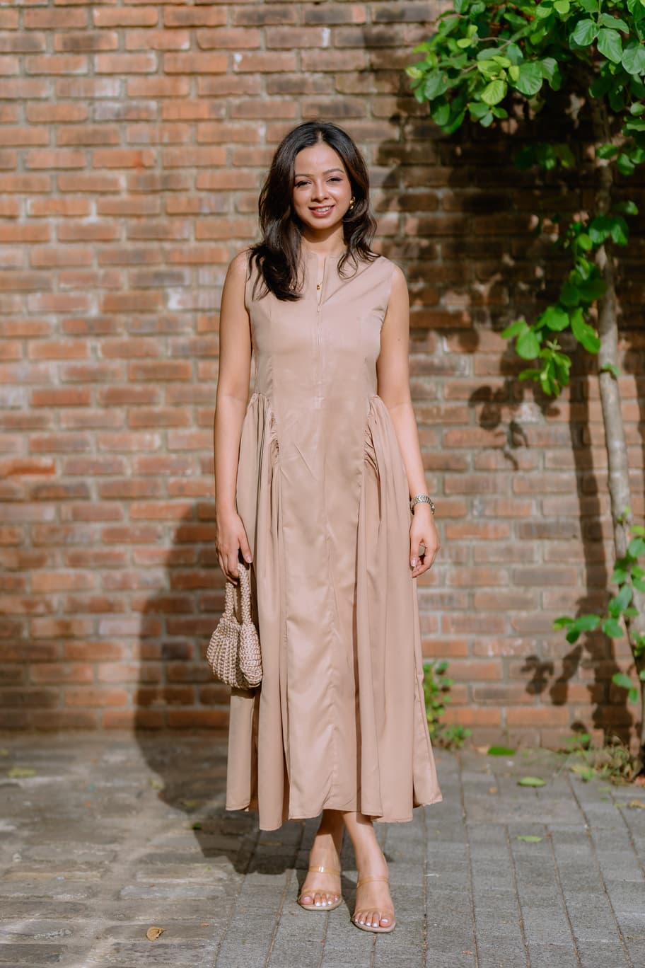 AVANTA Beige Solid Sleeveless Waist Accenture Maxi Dress  AV0019