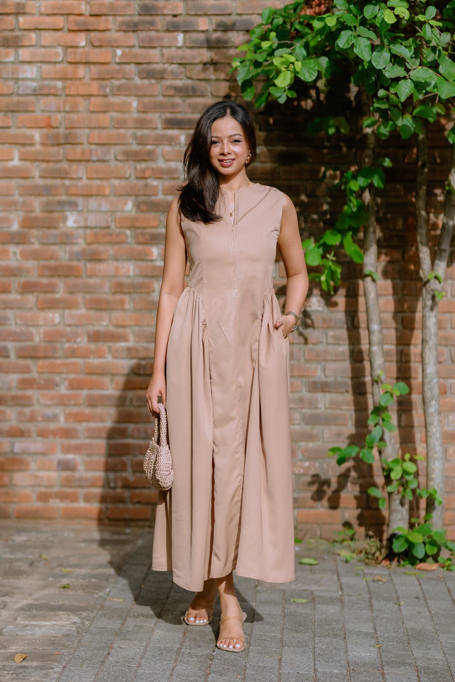 AVANTA Beige Solid Sleeveless Waist Accenture Maxi Dress  AV0019