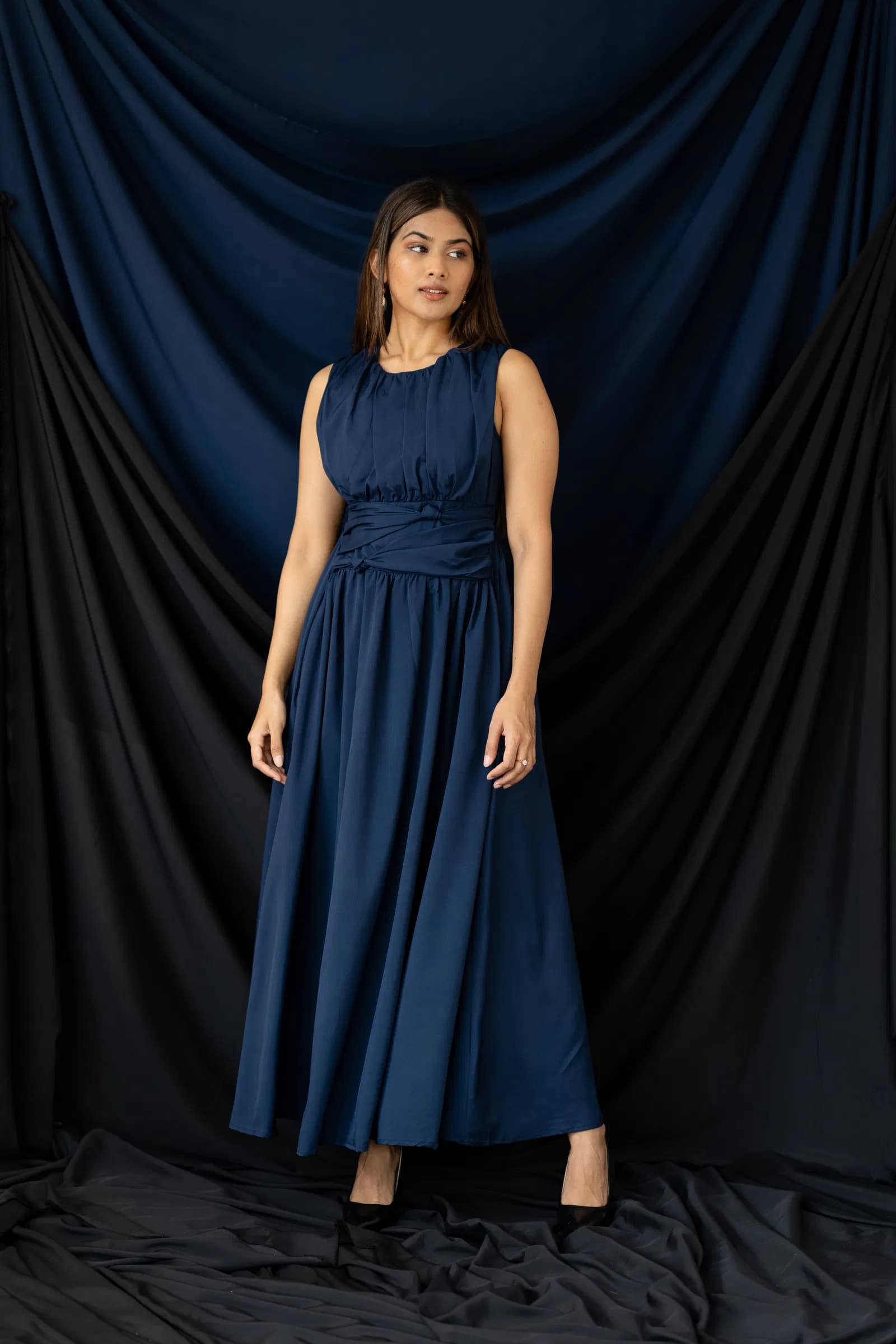 Blue Sleeveless Gathered-Waist Maxi Dress