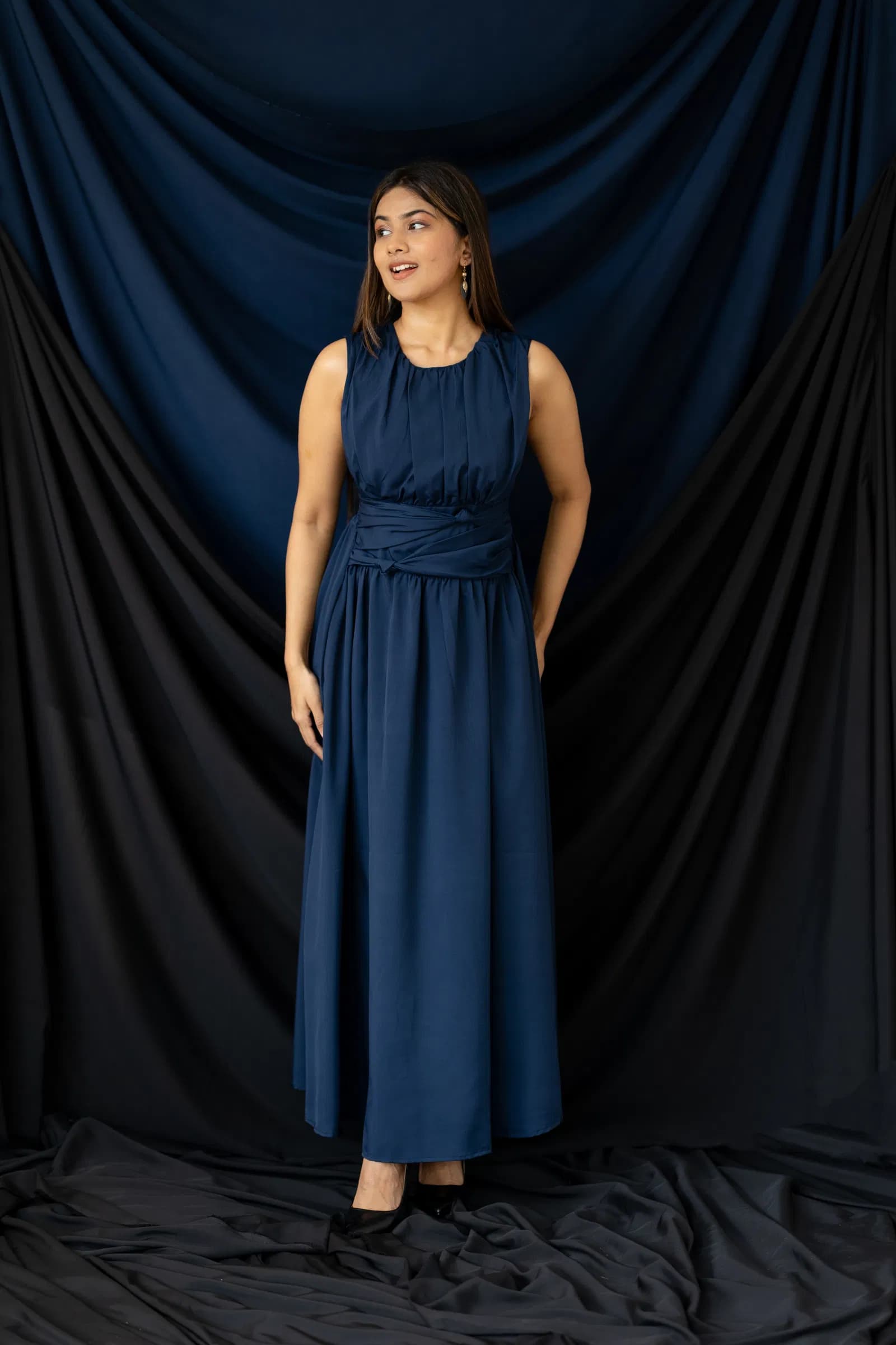 Blue Sleeveless Gathered-Waist Maxi Dress
