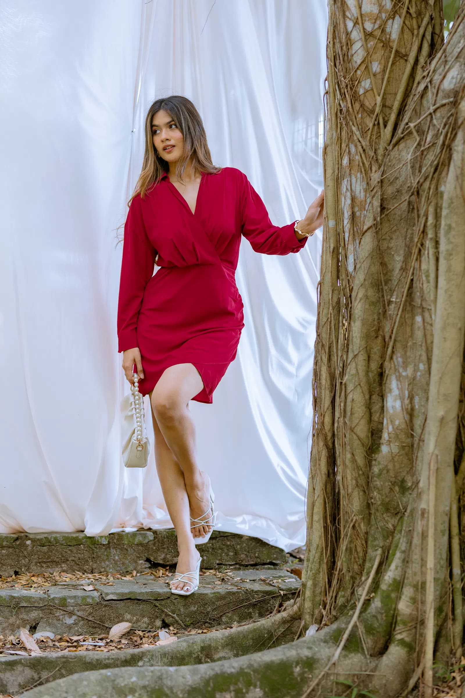 Wrap-Front Ruched Mini with Cuffed Sleeves