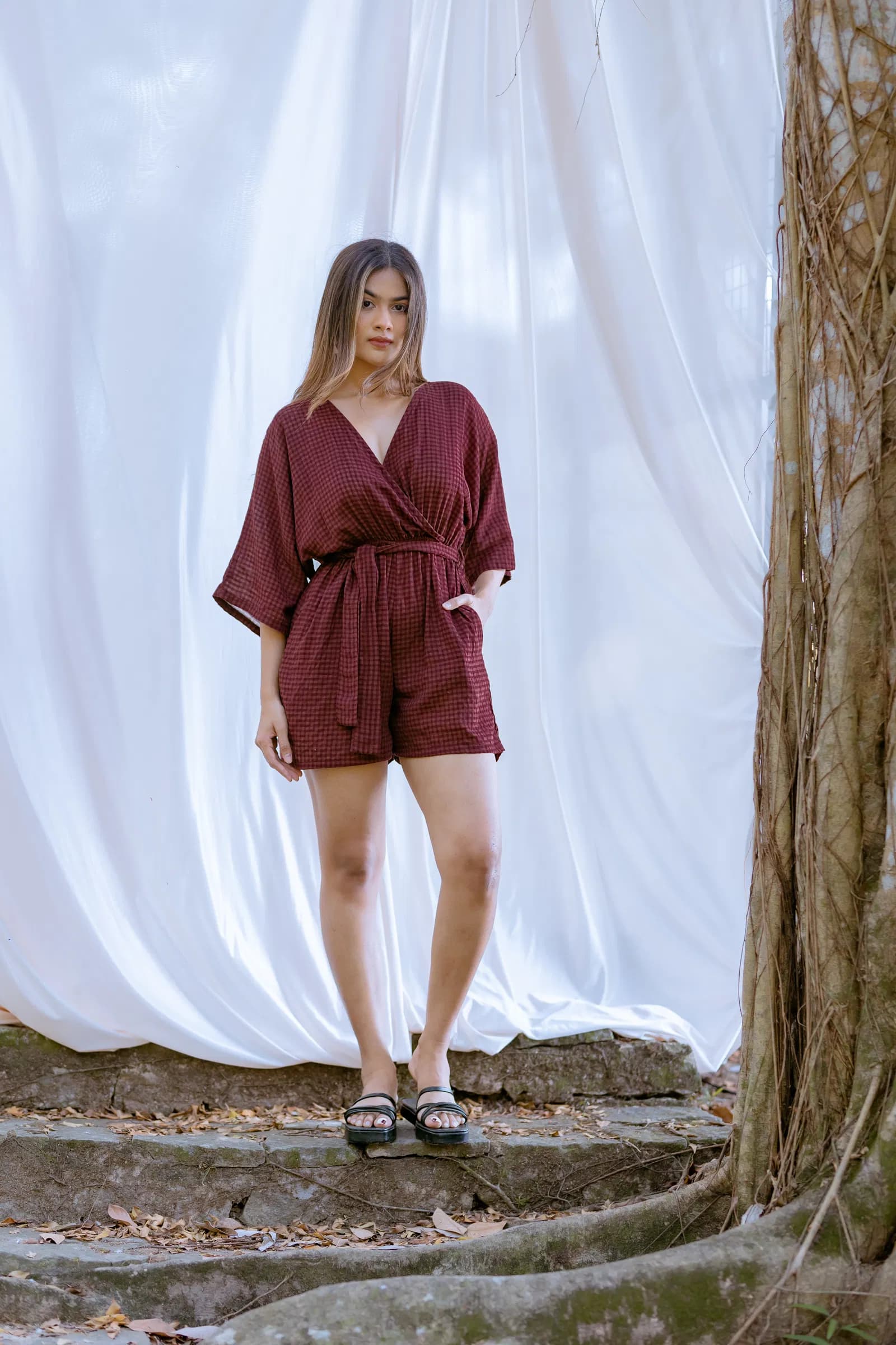 Waffle-Knit Surplus Tie-Waist Romper