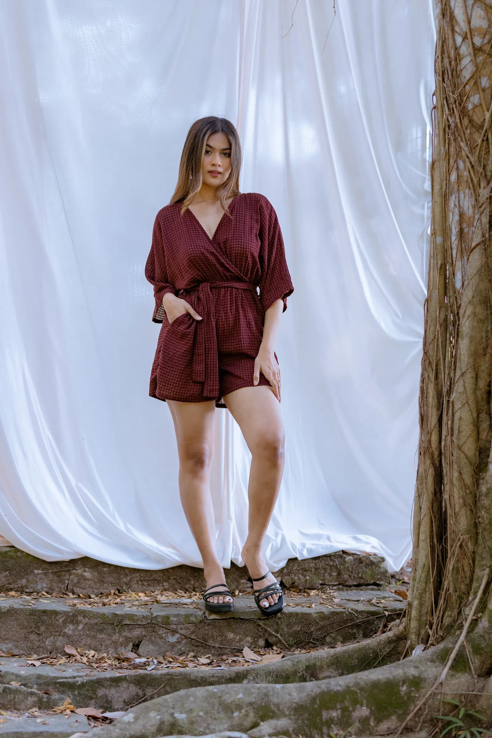 Waffle-Knit Surplus Tie-Waist Romper