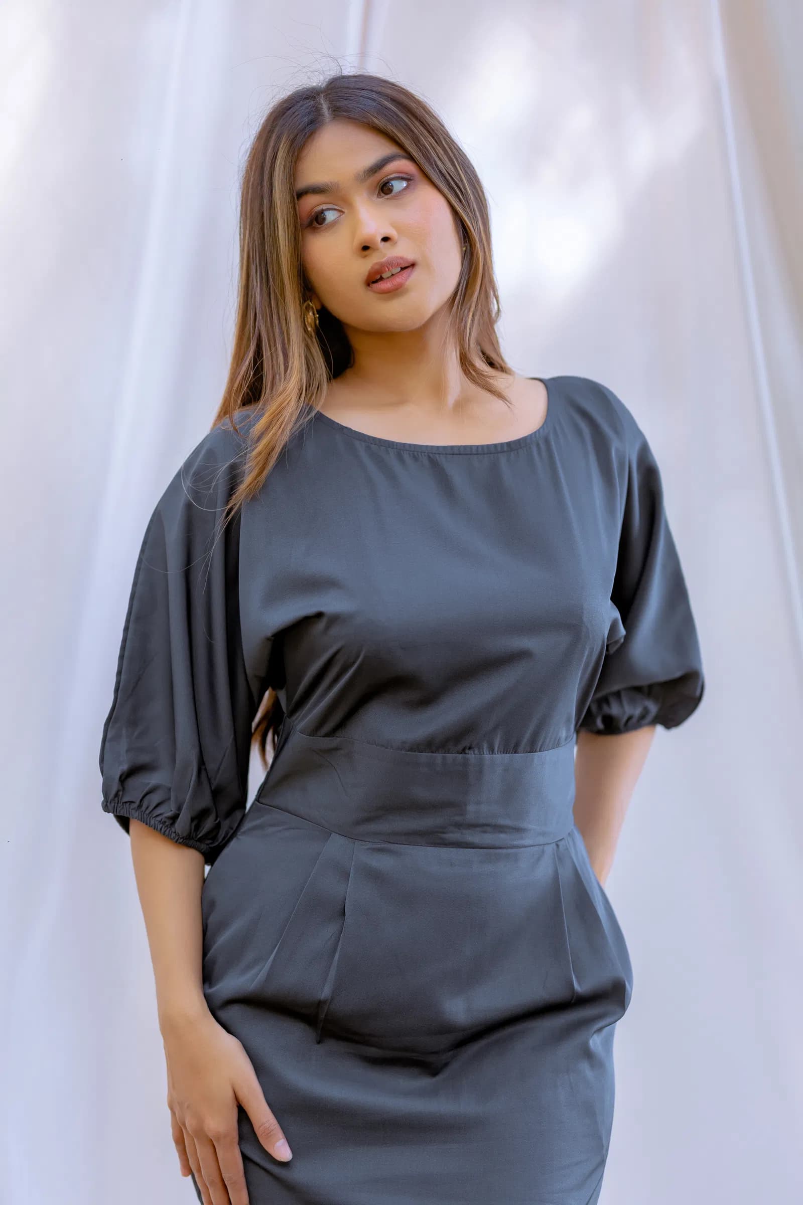 Puff-Sleeve Empire Waist Midi Dress