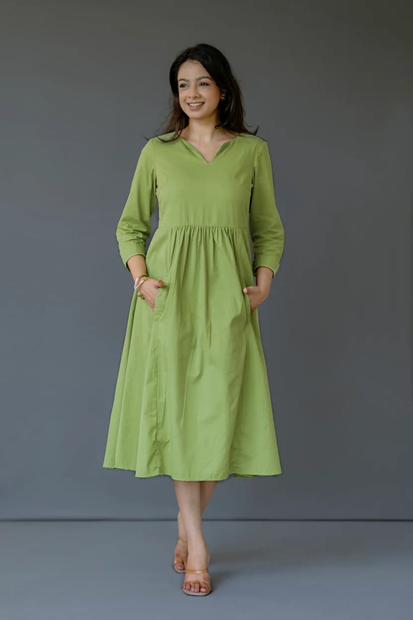 V-Neck Empire Waist Midi Dress in Organic Cotton