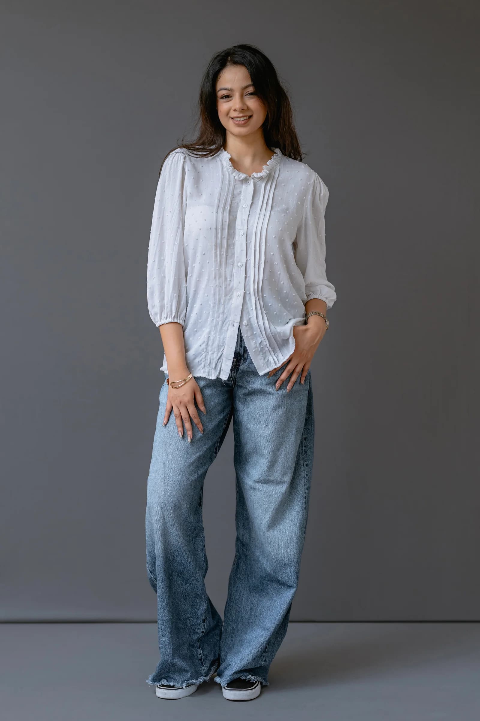 Dobby Dot Ruffle-Trim Pintuck Blouse