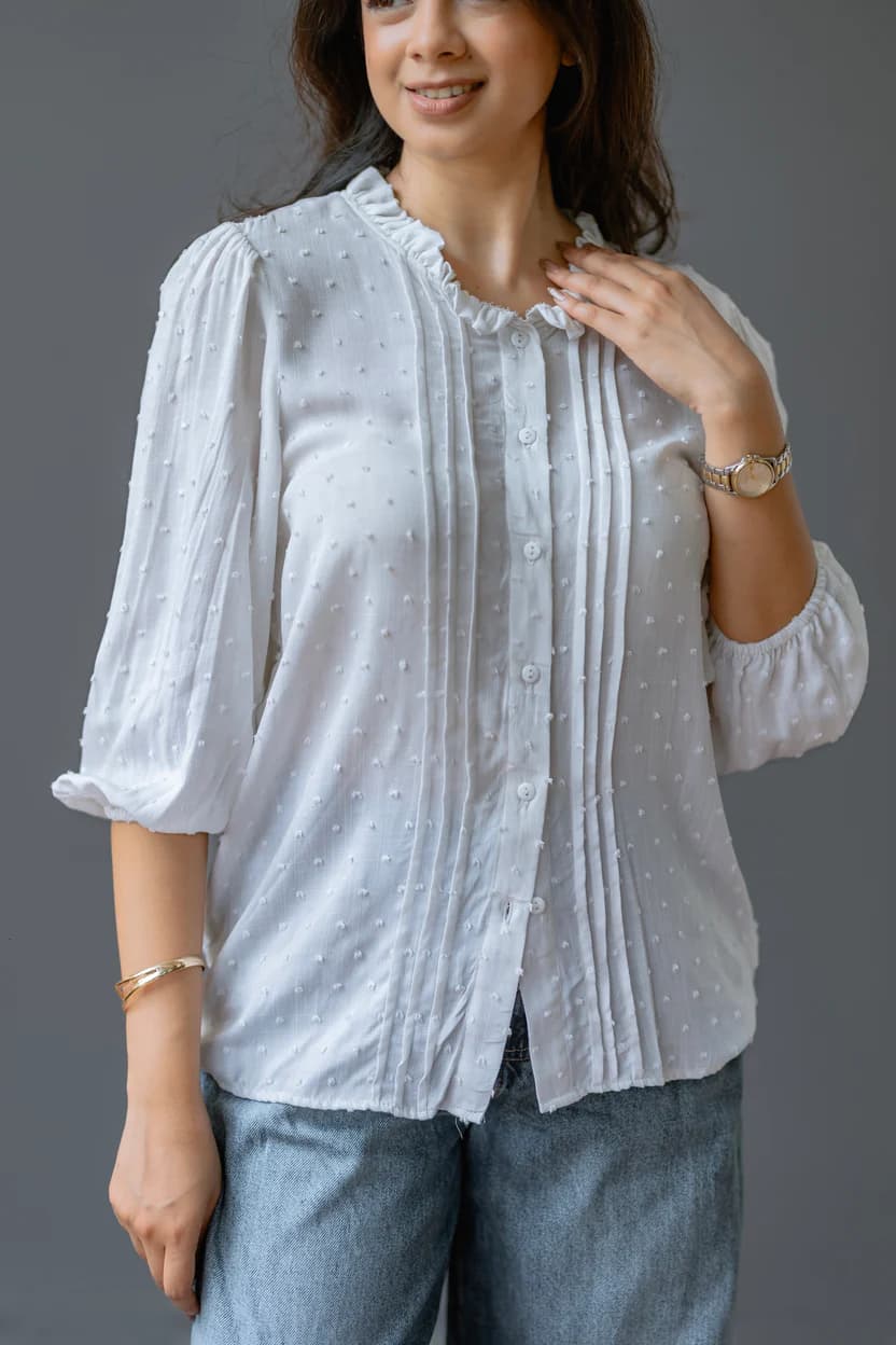 Dobby Dot Ruffle-Trim Pintuck Blouse