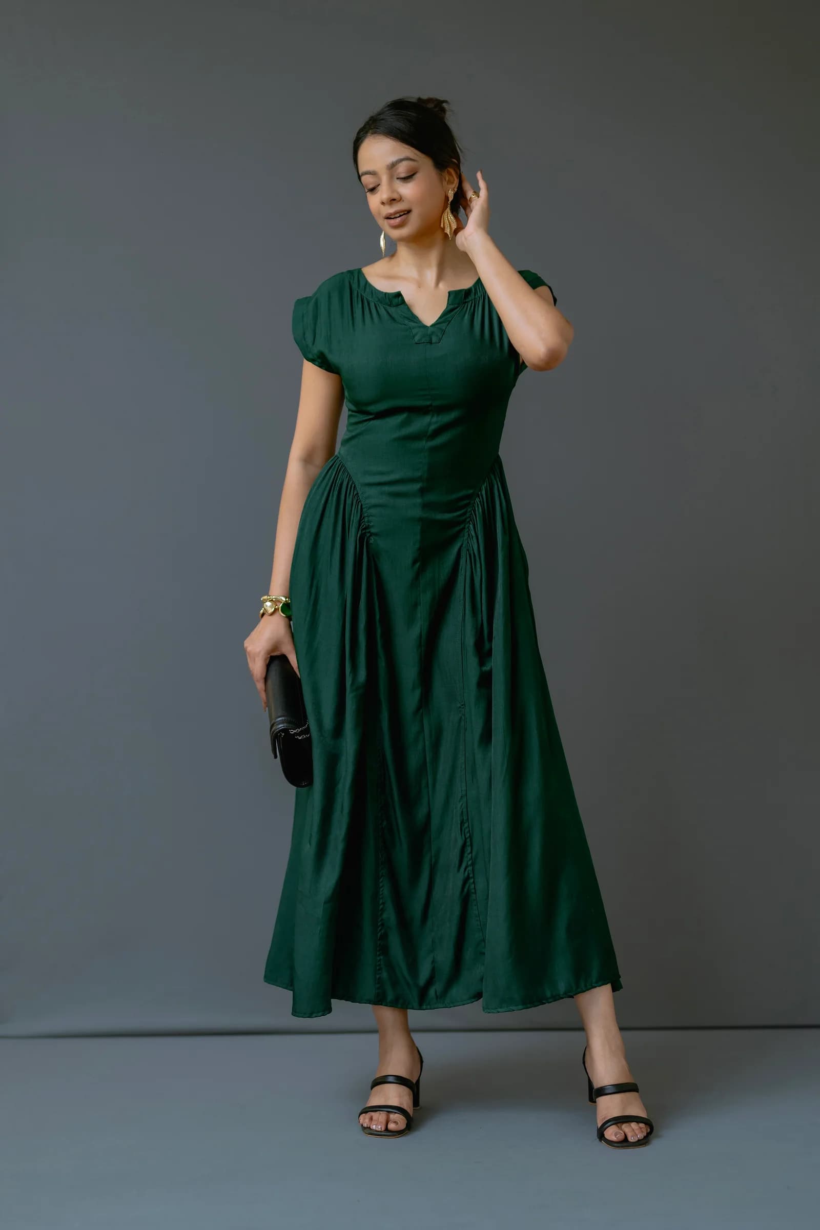 Cap-Sleeve Maxi Dress with Inverted V-Seam Gathering
