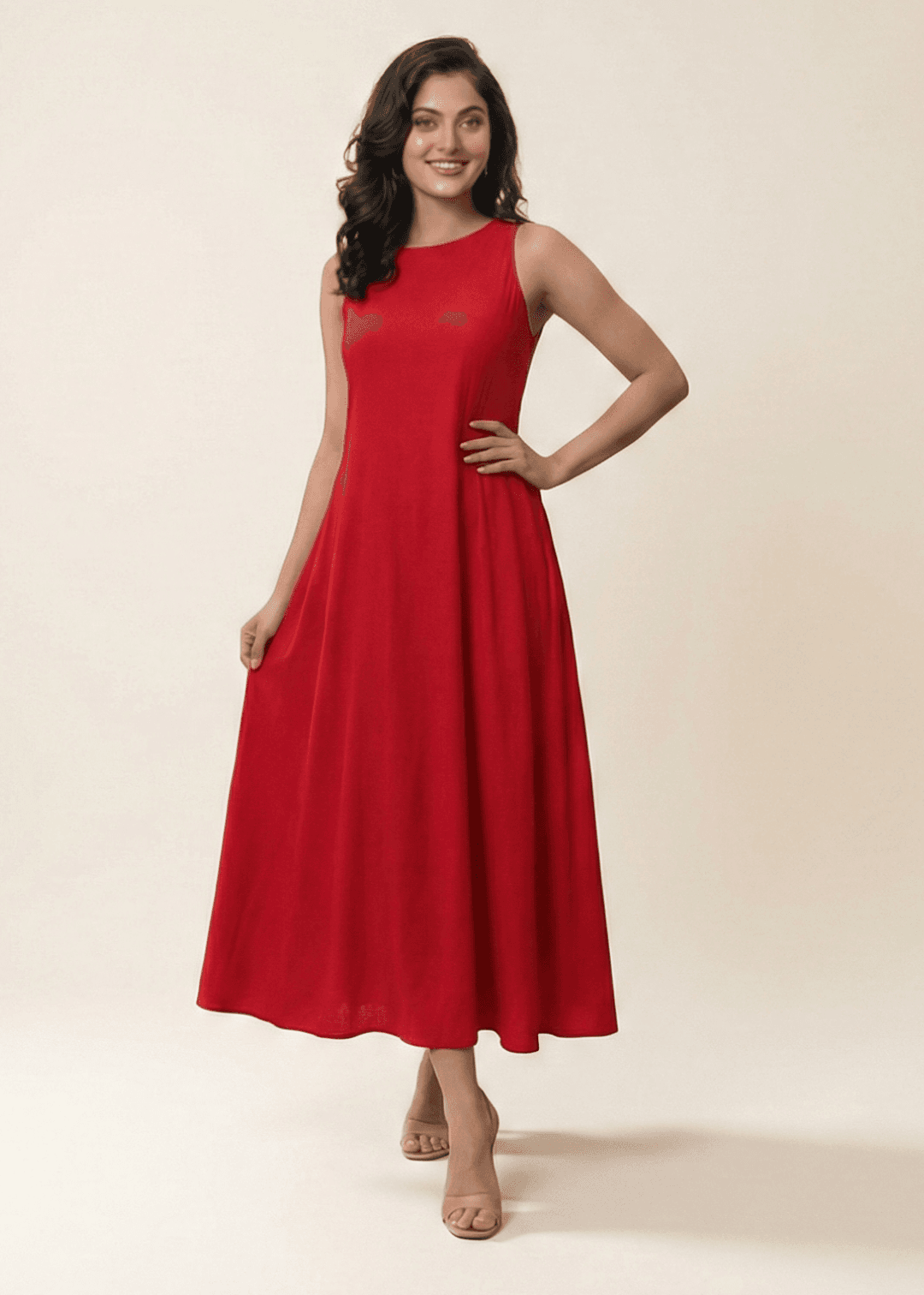 Sleeve Less Midi Dress (Red)
